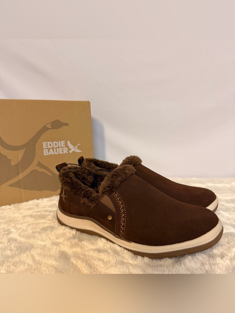 Eddie Bauer Cozy Brown Faux Fur Lined Suede Slip On Mule Shoes NWT